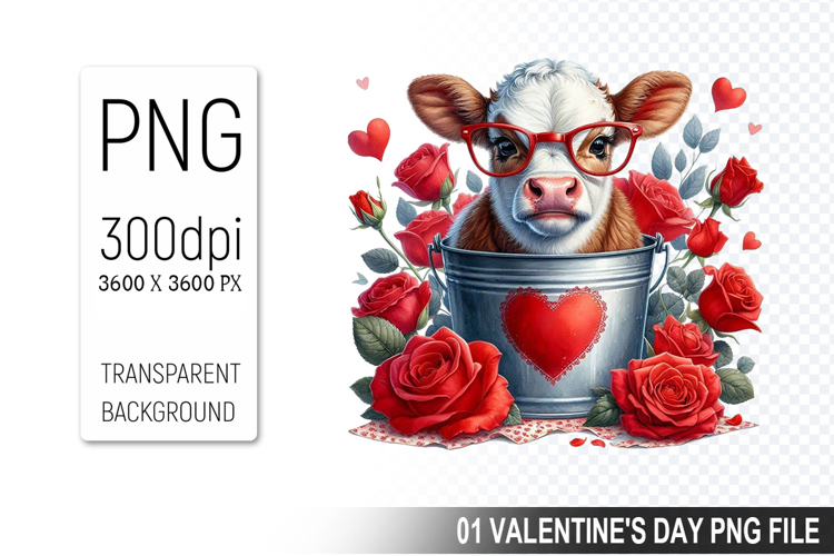Valentines Cow in Bucket, Animal Graphic For Crafts