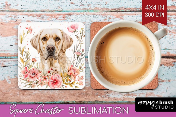 Floral Dog Square Coaster - Flowers Coaster PNG Sublimation example image 1