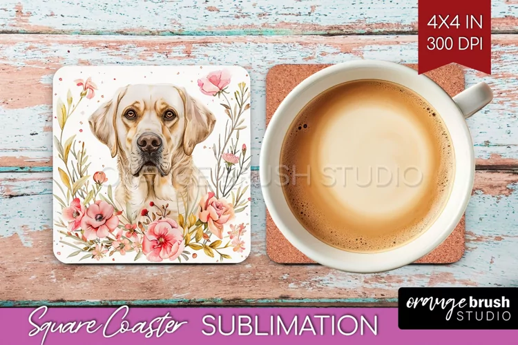 Floral Dog Square Coaster - Flowers Coaster PNG Sublimation