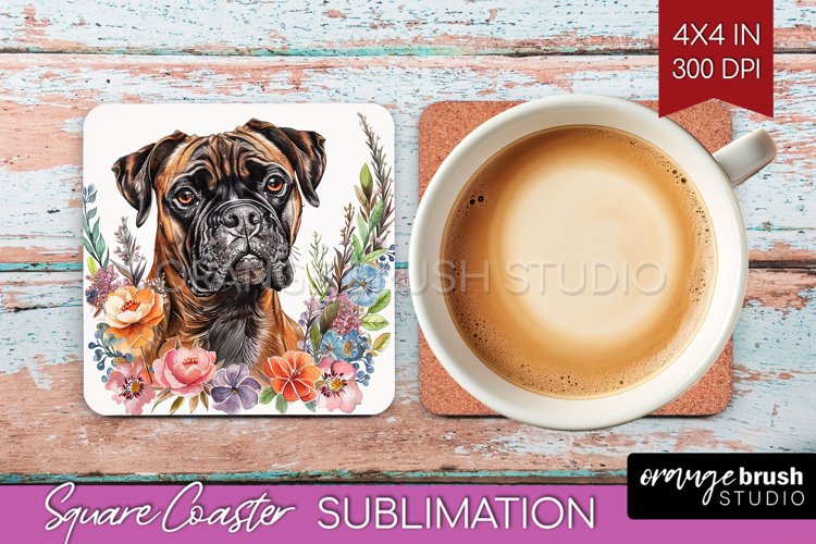 Floral Dog Square Coaster - Flowers Coaster PNG Sublimation example image 1