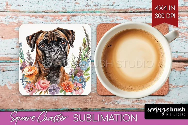Floral Dog Square Coaster - Flowers Coaster PNG Sublimation