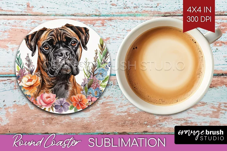 Floral Dog Round Coaster - Flowers Coaster PNG Sublimation