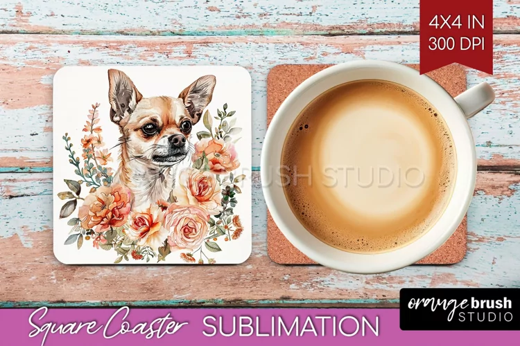 Floral Dog Square Coaster - Flowers Coaster PNG Sublimation