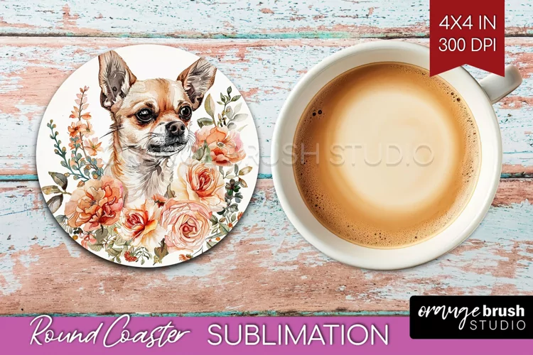 Floral Dog Round Coaster - Flowers Coaster PNG Sublimation