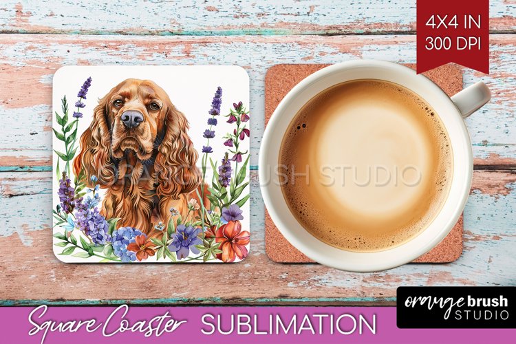 Floral Dog Square Coaster - Flowers Coaster PNG Sublimation example image 1
