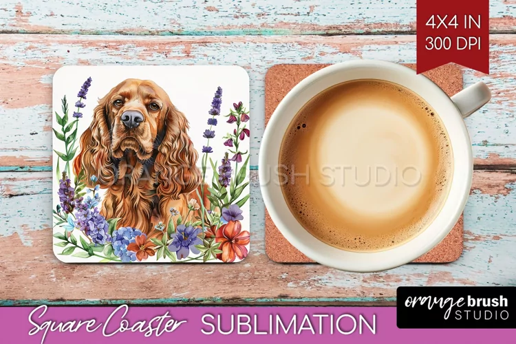 Floral Dog Square Coaster - Flowers Coaster PNG Sublimation