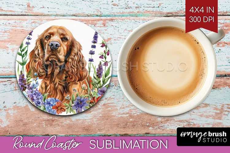 Floral Dog Round Coaster - Flowers Coaster PNG Sublimation
