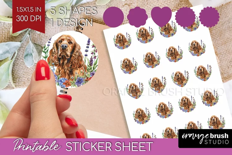 Floral Dog Round Sticker - Flowers Printable Sticker Sheet