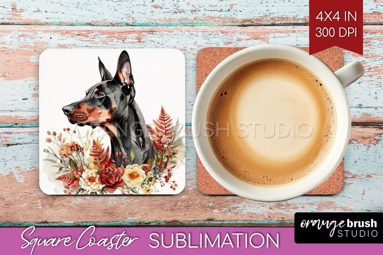 Floral Dog Square Coaster - Flowers Coaster PNG Sublimation