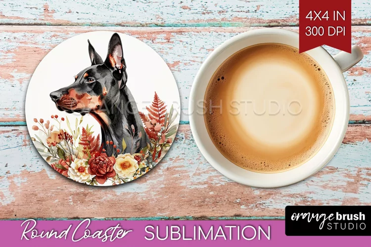 Floral Dog Round Coaster - Flowers Coaster PNG Sublimation