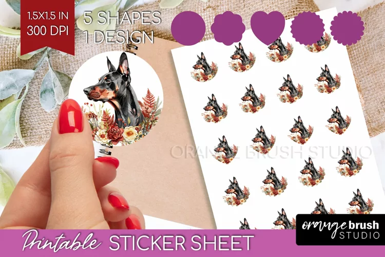 Floral Dog Round Sticker - Flowers Printable Sticker Sheet