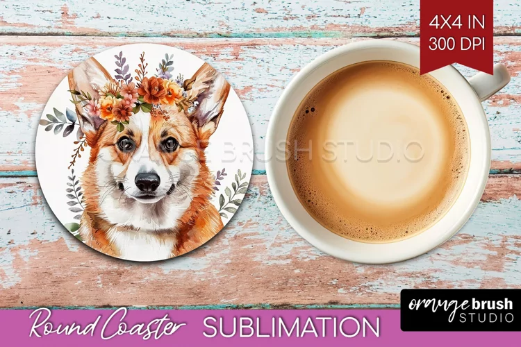 Floral Dog Round Coaster - Flowers Coaster PNG Sublimation