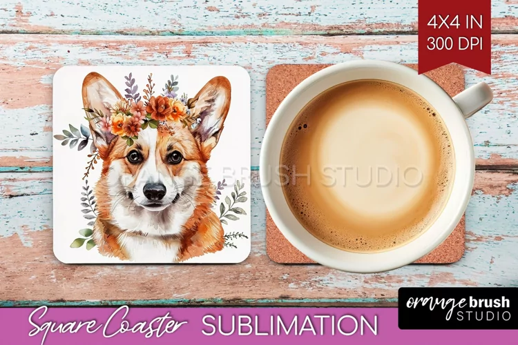 Floral Dog Square Coaster - Flowers Coaster PNG Sublimation