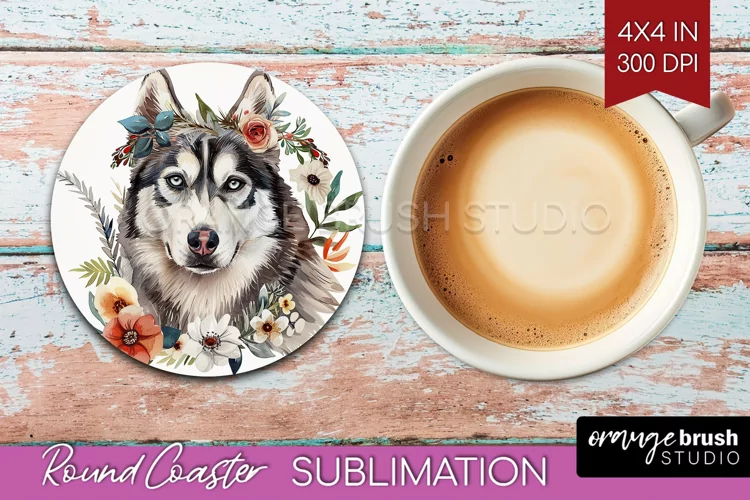 Floral Dog Round Coaster - Flowers Coaster PNG Sublimation