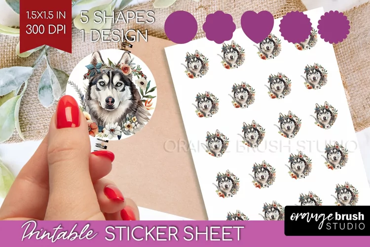 Floral Dog Round Sticker - Flowers Printable Sticker Sheet