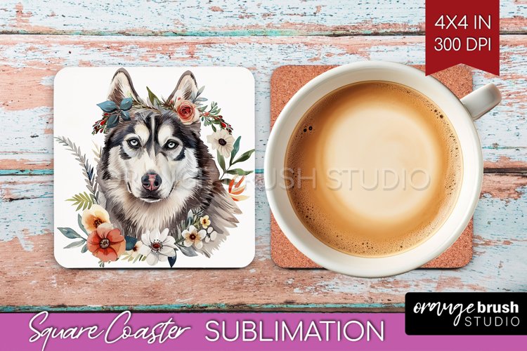 Floral Dog Square Coaster - Flowers Coaster PNG Sublimation example image 1