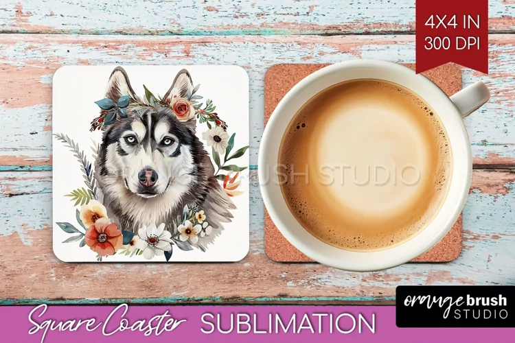Floral Dog Square Coaster - Flowers Coaster PNG Sublimation