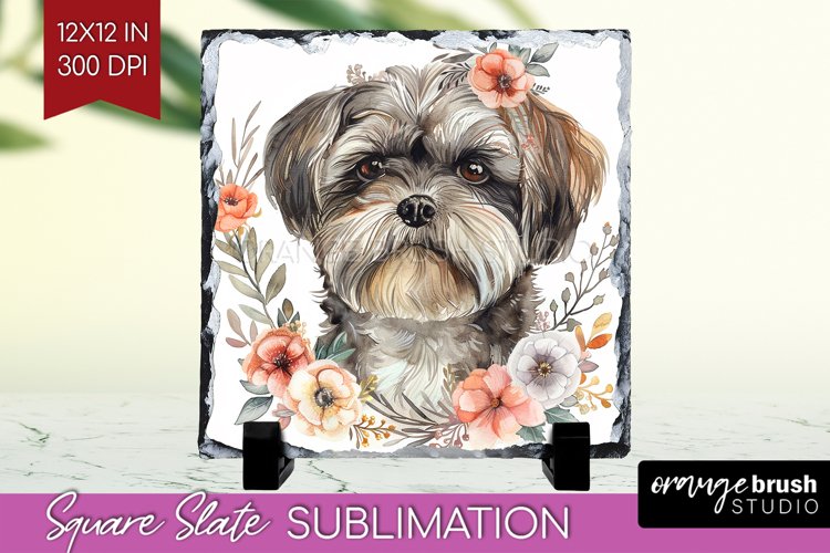 Floral Dog Slate PNG - Flowers Square Slate Sublimation