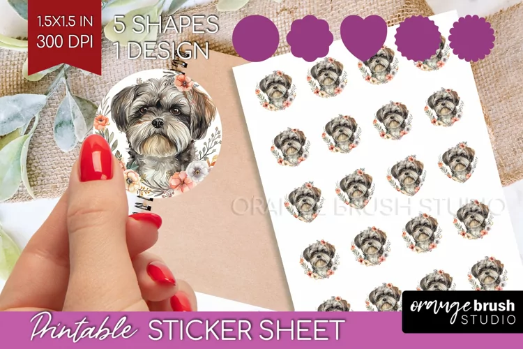 Floral Dog Round Sticker - Flowers Printable Sticker Sheet