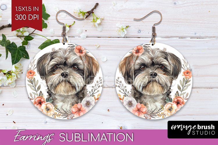 Floral Dog Round Earrings - Flowers PNG Sublimation