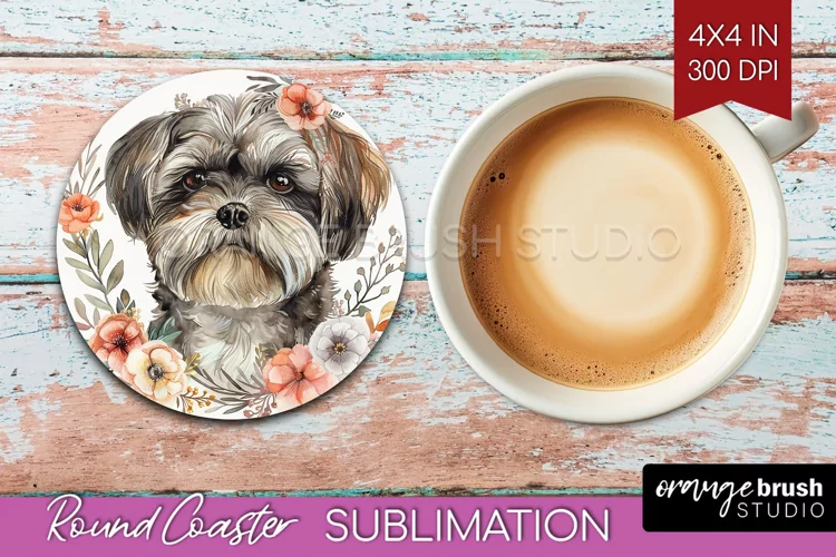 Floral Dog Round Coaster - Flowers Coaster PNG Sublimation