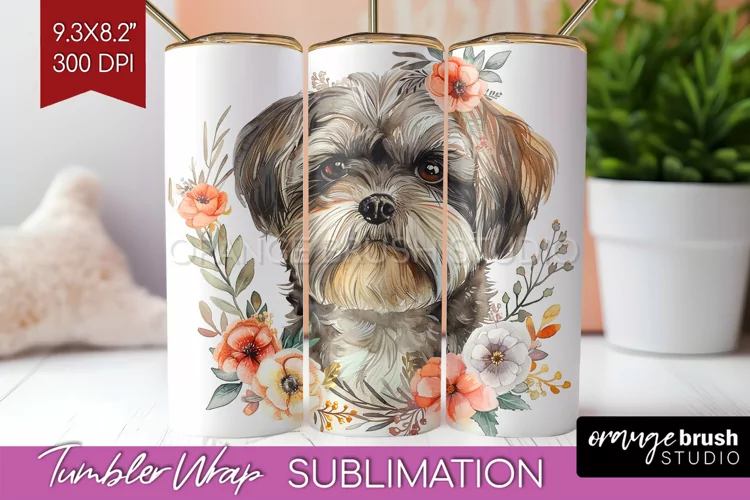 Floral Dog Tumbler Wrap - Flowers Tumbler PNG Sublimation