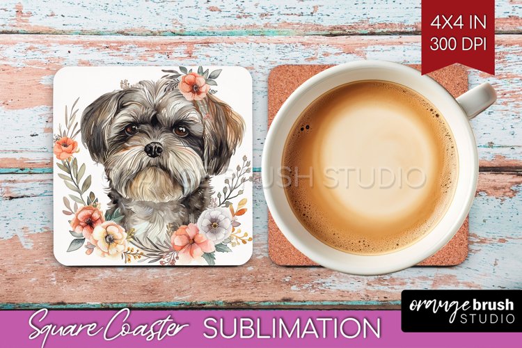 Floral Dog Square Coaster - Flowers Coaster PNG Sublimation