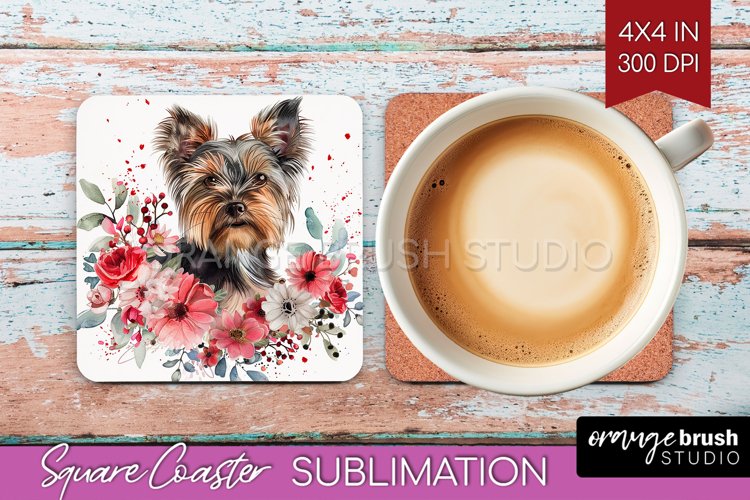 Floral Dog Square Coaster - Flowers Coaster PNG Sublimation example image 1