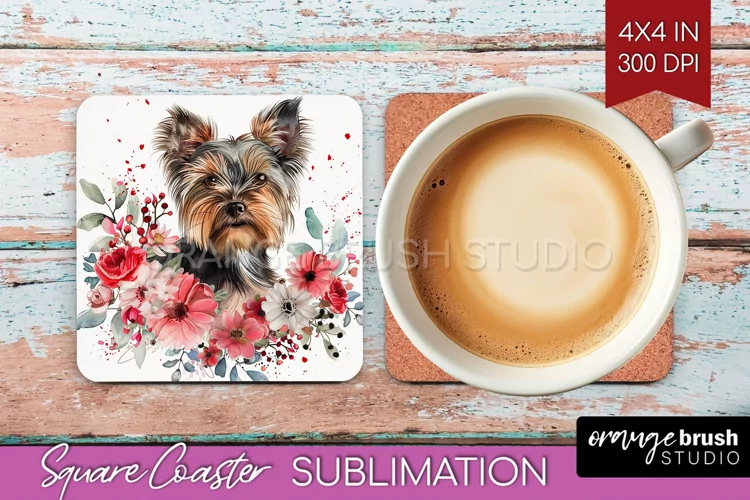 Floral Dog Square Coaster - Flowers Coaster PNG Sublimation