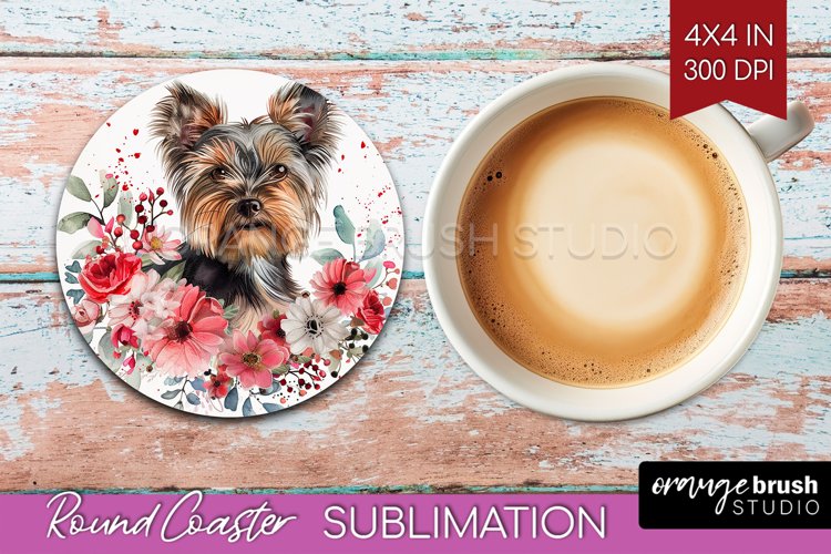 Floral Dog Round Coaster - Flowers Coaster PNG Sublimation example image 1