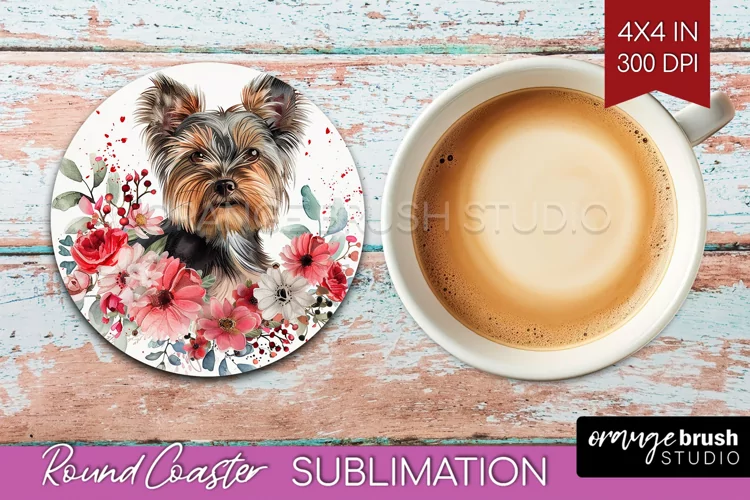 Floral Dog Round Coaster - Flowers Coaster PNG Sublimation