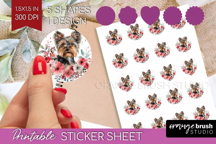 Floral Dog Round Sticker - Flowers Printable Sticker Sheet