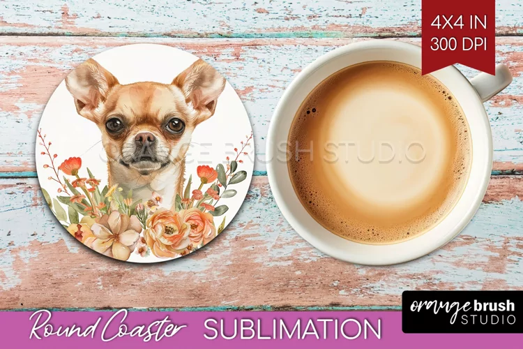 Floral Dog Round Coaster - Flowers Coaster PNG Sublimation