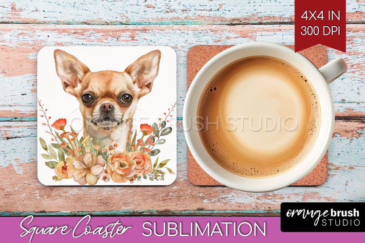 Floral Dog Square Coaster - Flowers Coaster PNG Sublimation example image 1