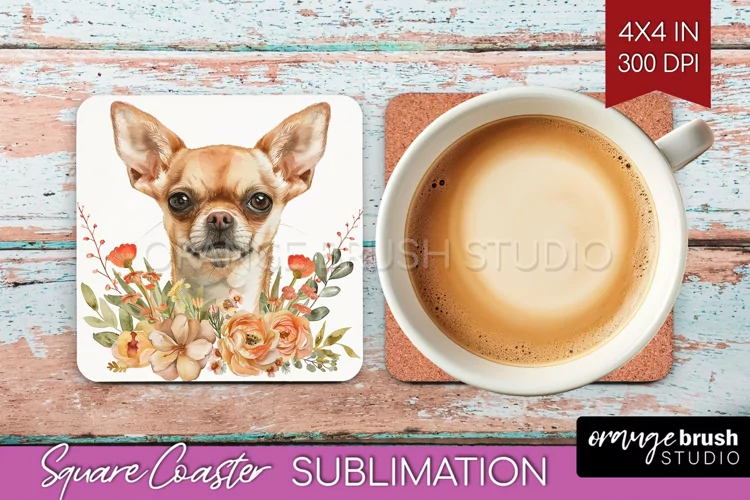 Floral Dog Square Coaster - Flowers Coaster PNG Sublimation