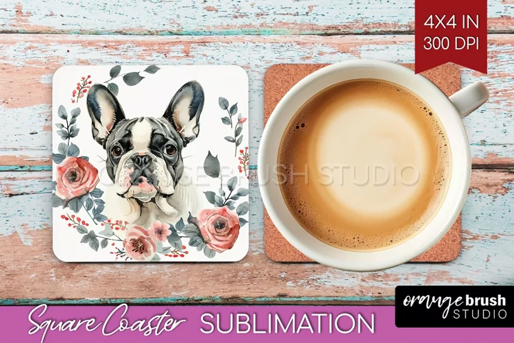 Floral Dog Square Coaster - Flowers Coaster PNG Sublimation