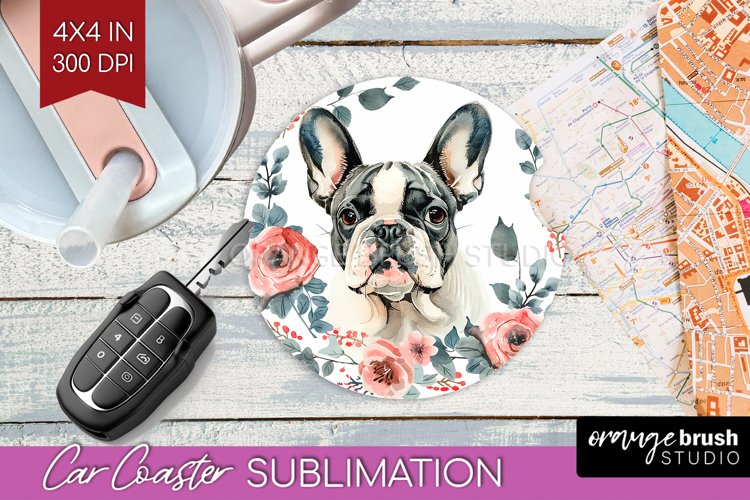 Floral Dog Car Coaster - Flowers Coaster PNG Sublimation