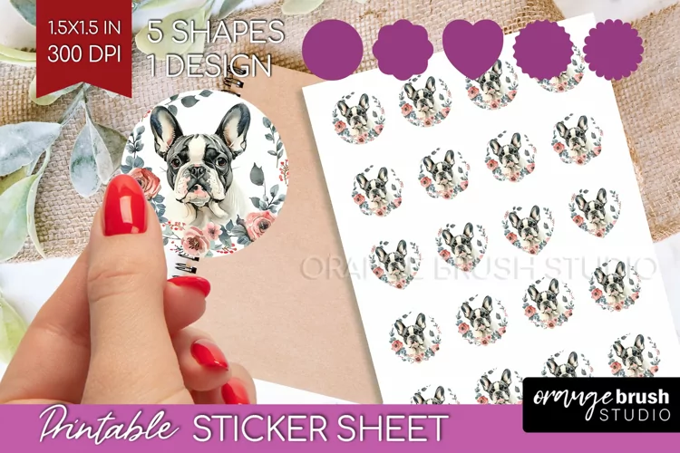 Floral Dog Round Sticker - Flowers Printable Sticker Sheet