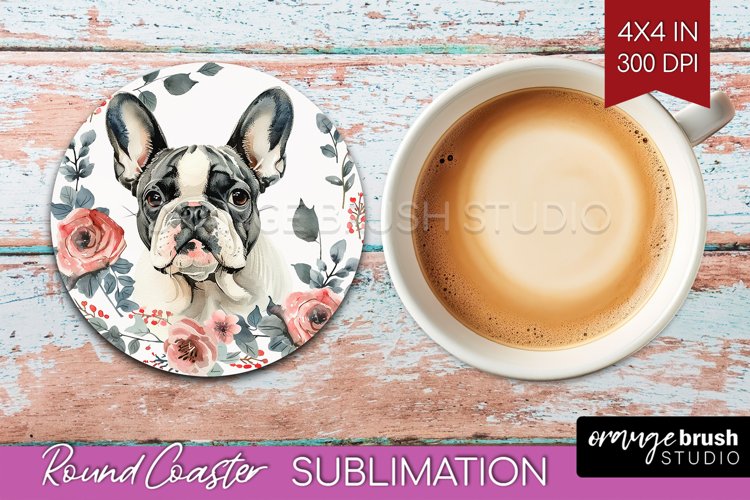 Floral Dog Round Coaster - Flowers Coaster PNG Sublimation example image 1