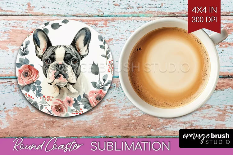 Floral Dog Round Coaster - Flowers Coaster PNG Sublimation