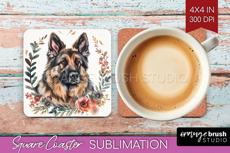 Floral Dog Square Coaster - Flowers Coaster PNG Sublimation