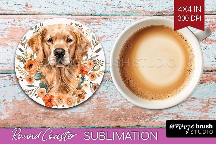 Floral Dog Round Coaster - Flowers Coaster PNG Sublimation example image 1