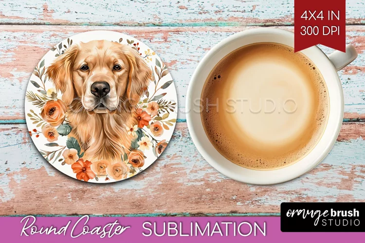 Floral Dog Round Coaster - Flowers Coaster PNG Sublimation
