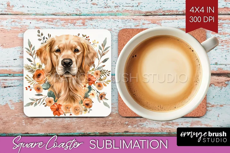 Floral Dog Square Coaster - Flowers Coaster PNG Sublimation