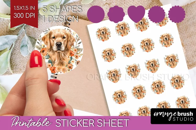 Floral Dog Round Sticker - Flowers Printable Sticker Sheet