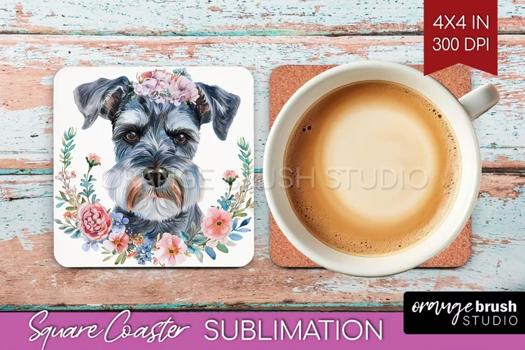 Floral Dog Square Coaster - Flowers Coaster PNG Sublimation