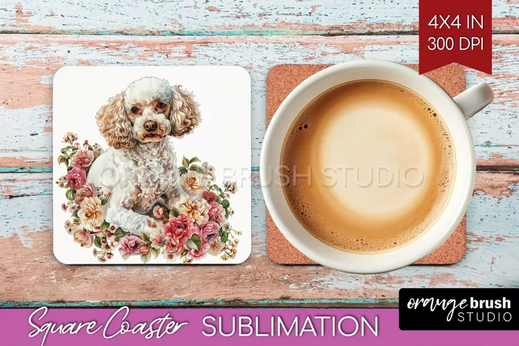 Floral Dog Square Coaster - Flowers Coaster PNG Sublimation