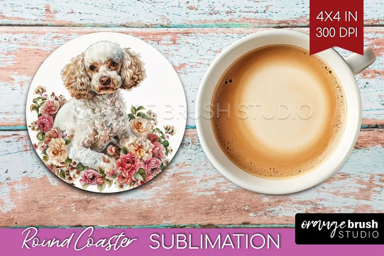 Floral Dog Round Coaster - Flowers Coaster PNG Sublimation