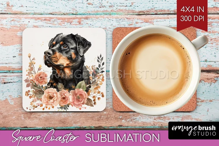 Floral Dog Square Coaster - Flowers Coaster PNG Sublimation