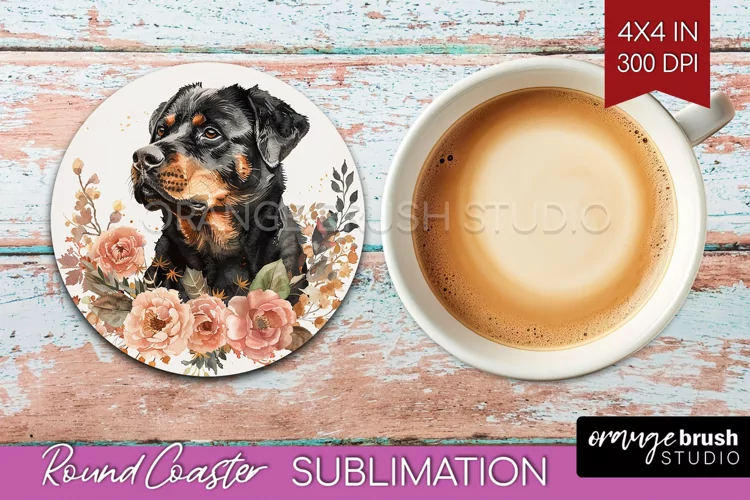 Floral Dog Round Coaster - Flowers Coaster PNG Sublimation
